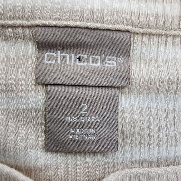 Chico's Womens Top Size 2 Large Beige White Striped Rib Knit Stretch Square Neck - Picture 7 of 9